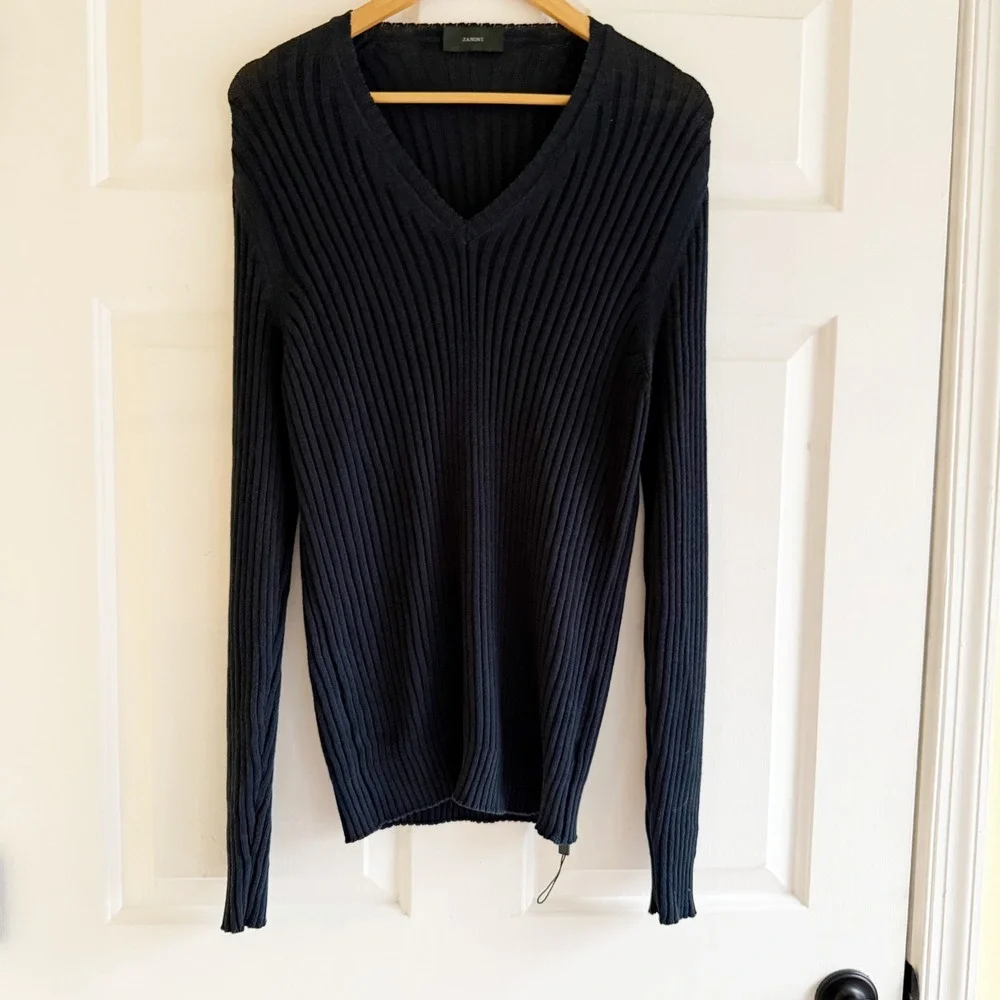 Zanone Mens Navy Blue Ribbed V Neck‎ Long Sleeve Cotton Sweater Size 50 Italy